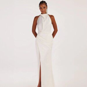 Milla White Mock neck sleeveless low slit dress